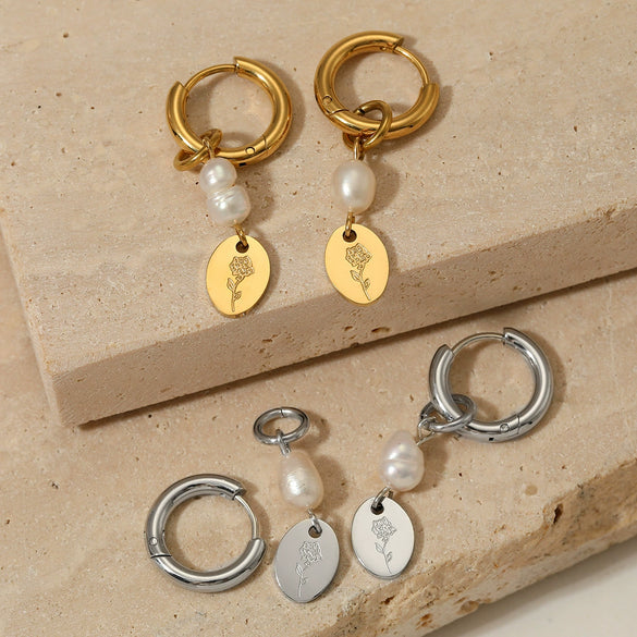 Stainless Steel Natural Pearl Geometric Pendant Earrings Electroplated For Girls Simple High End Fashion