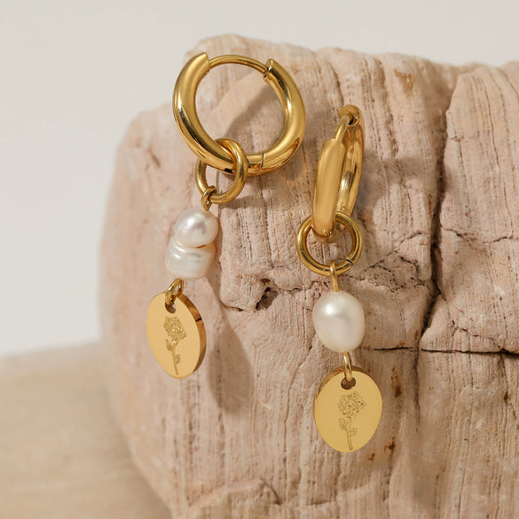 Stainless Steel Natural Pearl Geometric Pendant Earrings Electroplated For Girls Simple High End Fashion