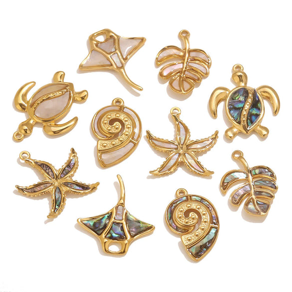 Stainless Steel Natural Shellfish Turtle Starfish Conch Jewelry Diy Pendant Accessories With Electroplating And Totem Pattern