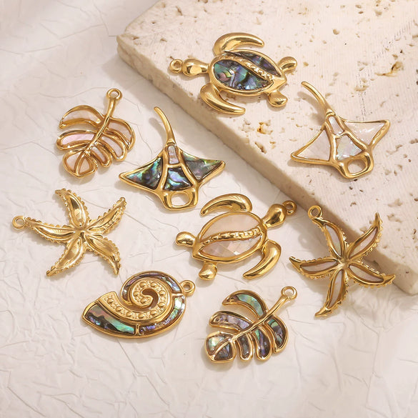 Stainless Steel Natural Shellfish Turtle Starfish Conch Jewelry Diy Pendant Accessories With Electroplating And Totem Pattern