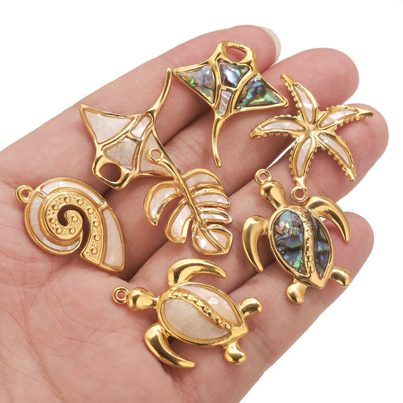 Stainless Steel Natural Shellfish Turtle Starfish Conch Jewelry Diy Pendant Accessories With Electroplating And Totem Pattern