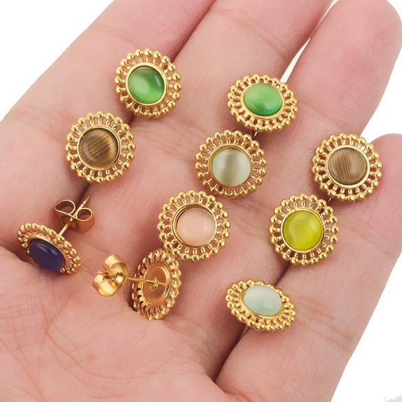 Stainless Steel Natural Stone Geometric Stud Earrings With Electroplating