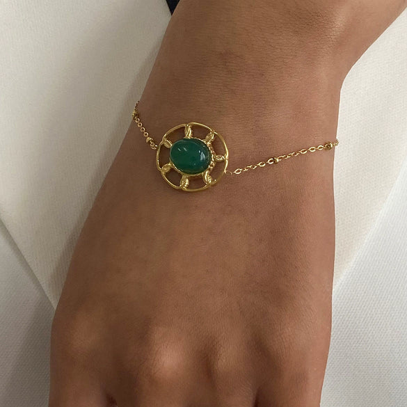 Stainless Steel Natural Stone Green Agate Hollow Geometric Pendant Bracelet With Electroplating For Women