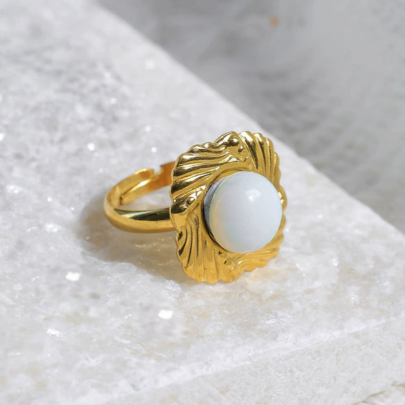Stainless Steel Natural Stone Inset Square Open Ring Electroplated Fashionable Unisex