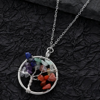 Novelty Artistic Round Tree Alloy Natural Stone Steel Hollow Out Inlay Natural Stone Women'S Pendant Necklace