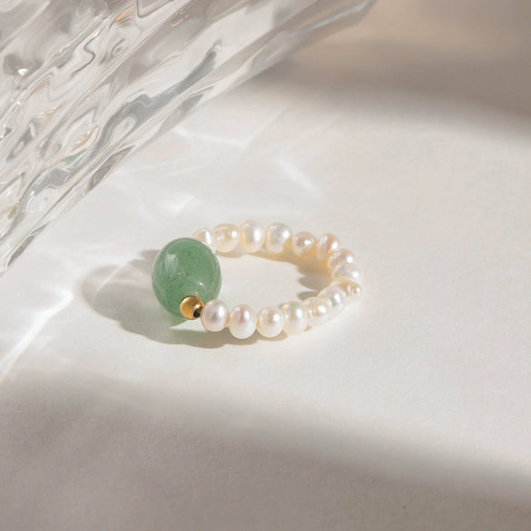 Stainless Steel Natural Stone Pearl Geometric Finger Ring With Electroplating