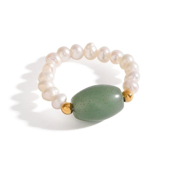 Stainless Steel Natural Stone Pearl Geometric Finger Ring With Electroplating