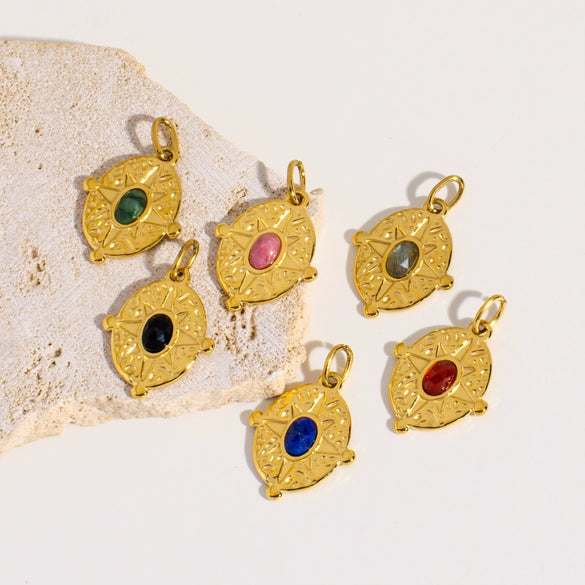 Stainless Steel Natural Stone Pendant Jewelry With Geometric Style Electroplated Pleated Oval And Star Shapes
