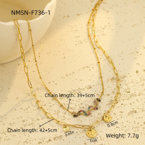 Stainless Steel Natural Stone Pendant Necklace Bracelet Set For Women With Electroplating And Stacked Design