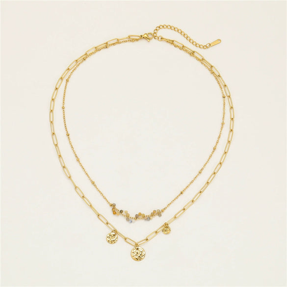 Stainless Steel Natural Stone Pendant Necklace Bracelet Set For Women With Electroplating And Stacked Design