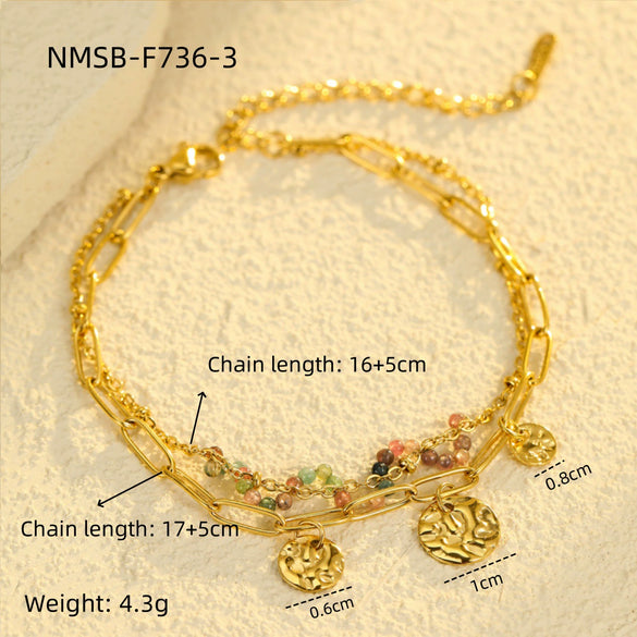 Stainless Steel Natural Stone Pendant Necklace Bracelet Set For Women With Electroplating And Stacked Design