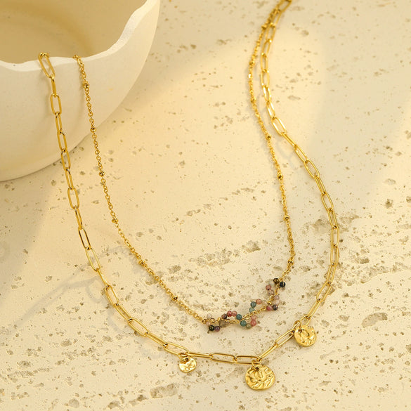 Stainless Steel Natural Stone Pendant Necklace Bracelet Set For Women With Electroplating And Stacked Design