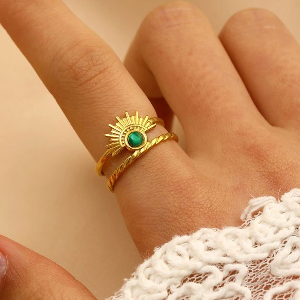 Stainless Steel Natural Stone Ring Electroplated With Gold Geometric Retro Style For Women