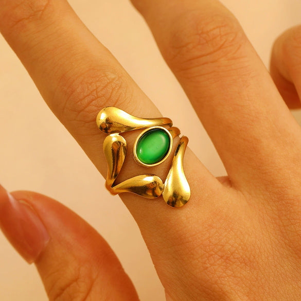 Stainless Steel Natural Stone Ring Electroplated With Gold Geometric Retro Style For Women