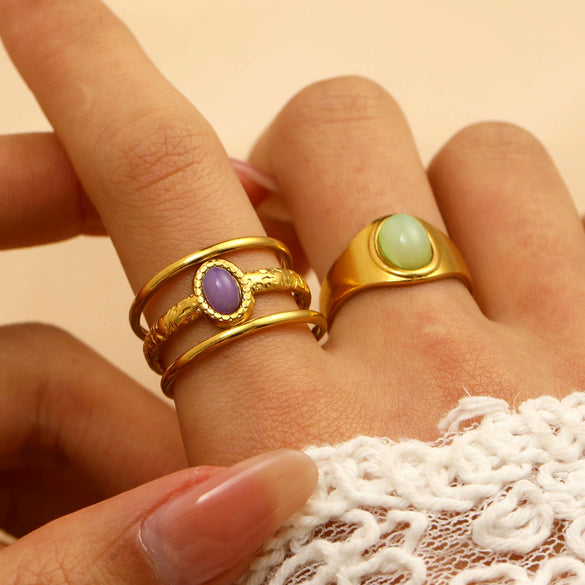 Stainless Steel Natural Stone Ring Electroplated With Gold Geometric Retro Style For Women