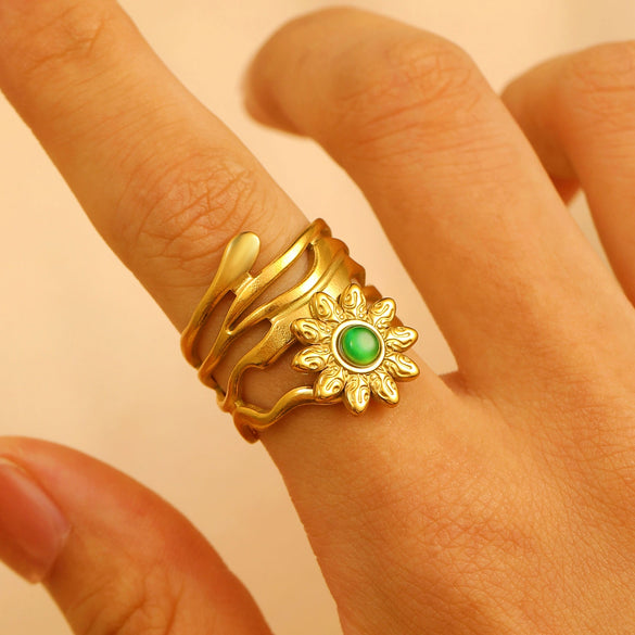 Stainless Steel Natural Stone Ring Electroplated With Gold Geometric Retro Style For Women