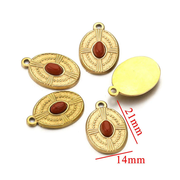 Stainless Steel Natural Stone Round Oval Vintage Embossed Pendant Jewelry Accessories For Necklace Earrings With Electroplating