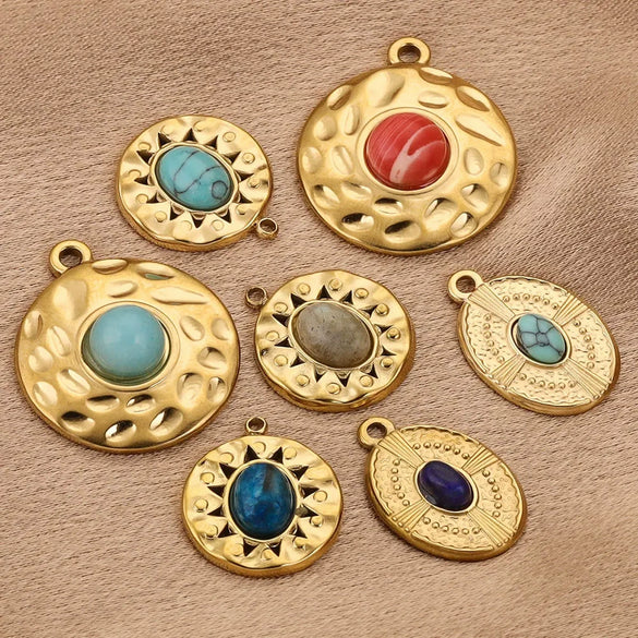 Stainless Steel Natural Stone Round Oval Vintage Embossed Pendant Jewelry Accessories For Necklace Earrings With Electroplating