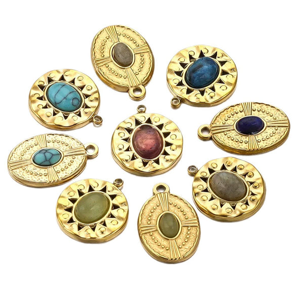 Stainless Steel Natural Stone Round Oval Vintage Embossed Pendant Jewelry Accessories For Necklace Earrings With Electroplating