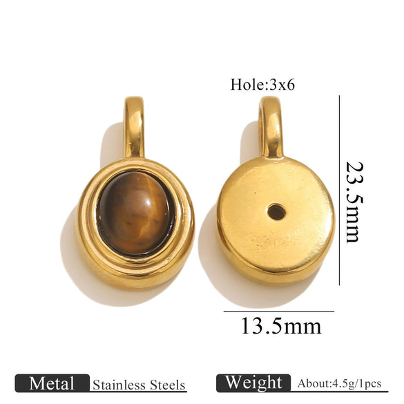Stainless Steel Natural Stone Tiger Eye Oval Pendant Jewelry Accessories Retro Geometric Totem Electroplated