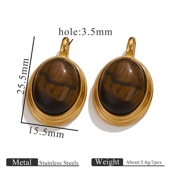 Stainless Steel Natural Stone Tiger Eye Oval Pendant Jewelry Accessories Retro Geometric Totem Electroplated