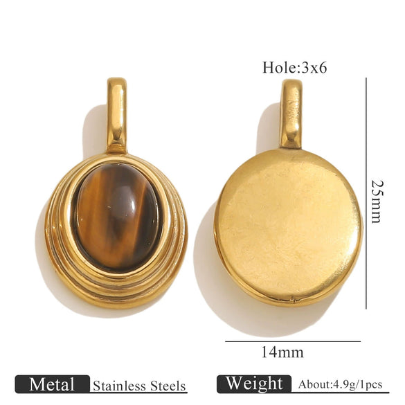 Stainless Steel Natural Stone Tiger Eye Oval Pendant Jewelry Accessories Retro Geometric Totem Electroplated