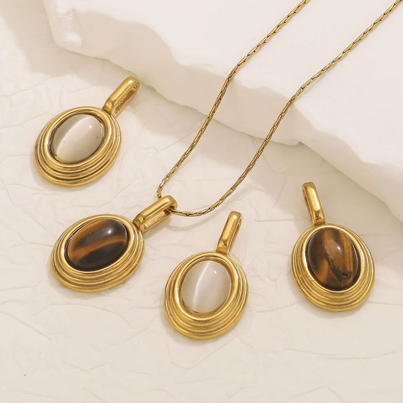 Stainless Steel Natural Stone Tiger Eye Oval Pendant Jewelry Accessories Retro Geometric Totem Electroplated