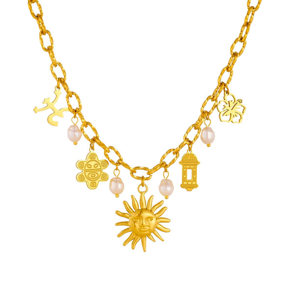 Stainless Steel Necklace Goldplated Sun Flower Ancient Building Tag Jewelry Clavicle Chain Chic Minimalist Style