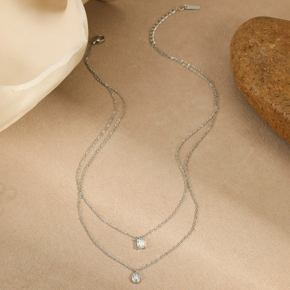Stainless Steel Necklace Inlaid With Water Drops Zircon Geometric Style Electroplated For Women