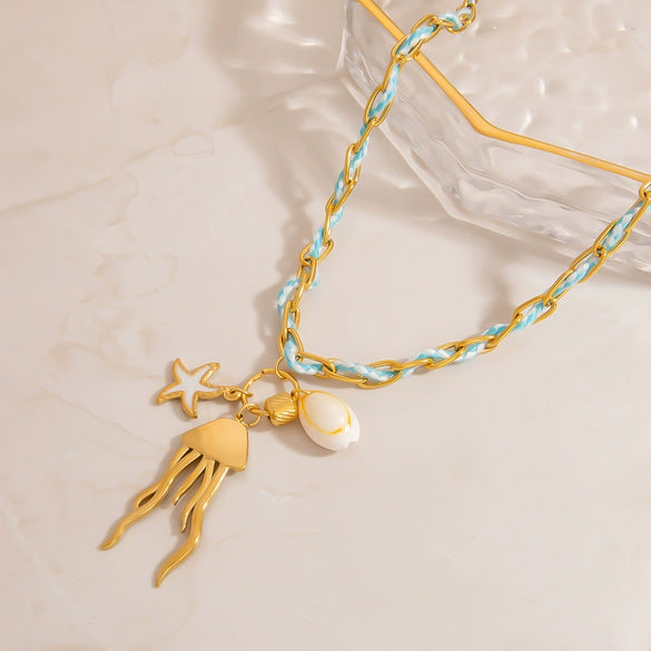 Stainless Steel Necklace With Colorful Rope Weaving Exaggerated Marine Life Pendant Animal Zodiac Flower Leaf U Shaped Star Design Electroplated