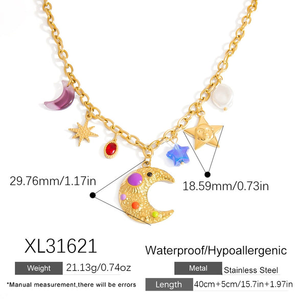 Stainless Steel Necklace With Star And Moon Pendant Electroplated Stacking Style For Women