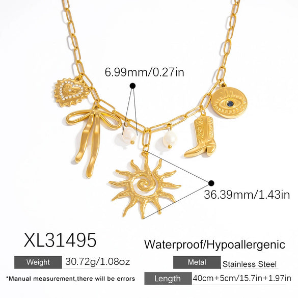 Stainless Steel Necklace With Sunflower Bow Pendant Geometric Heart Shape Electroplating For Women