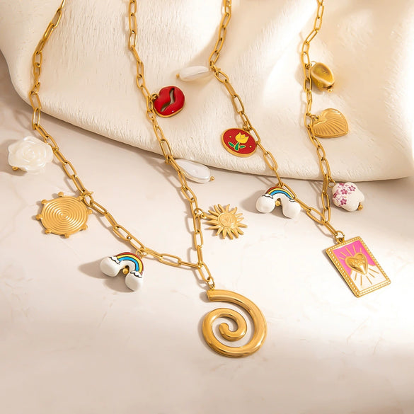 Stainless Steel Necklace With Tarot Card Heart Ceramic Printing U Shaped Pendant Electroplated Handmade Pearl Clavicle Chain