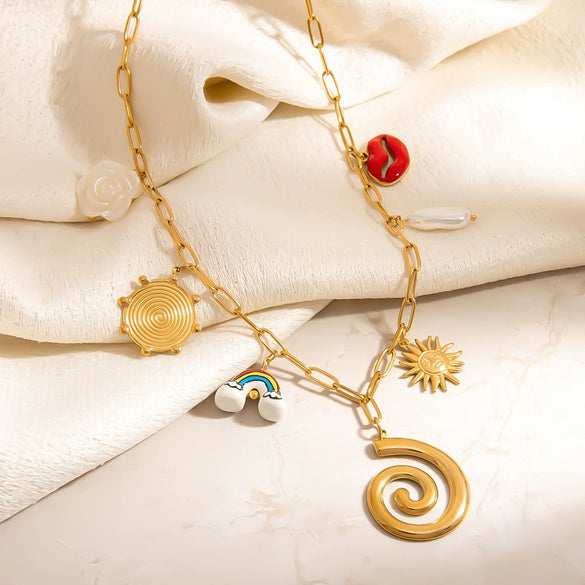 Stainless Steel Necklace With Tarot Card Heart Ceramic Printing U Shaped Pendant Electroplated Handmade Pearl Clavicle Chain