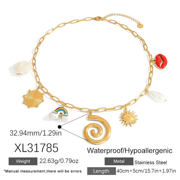 Stainless Steel Necklace With Tarot Card Heart Ceramic Printing U Shaped Pendant Electroplated Handmade Pearl Clavicle Chain