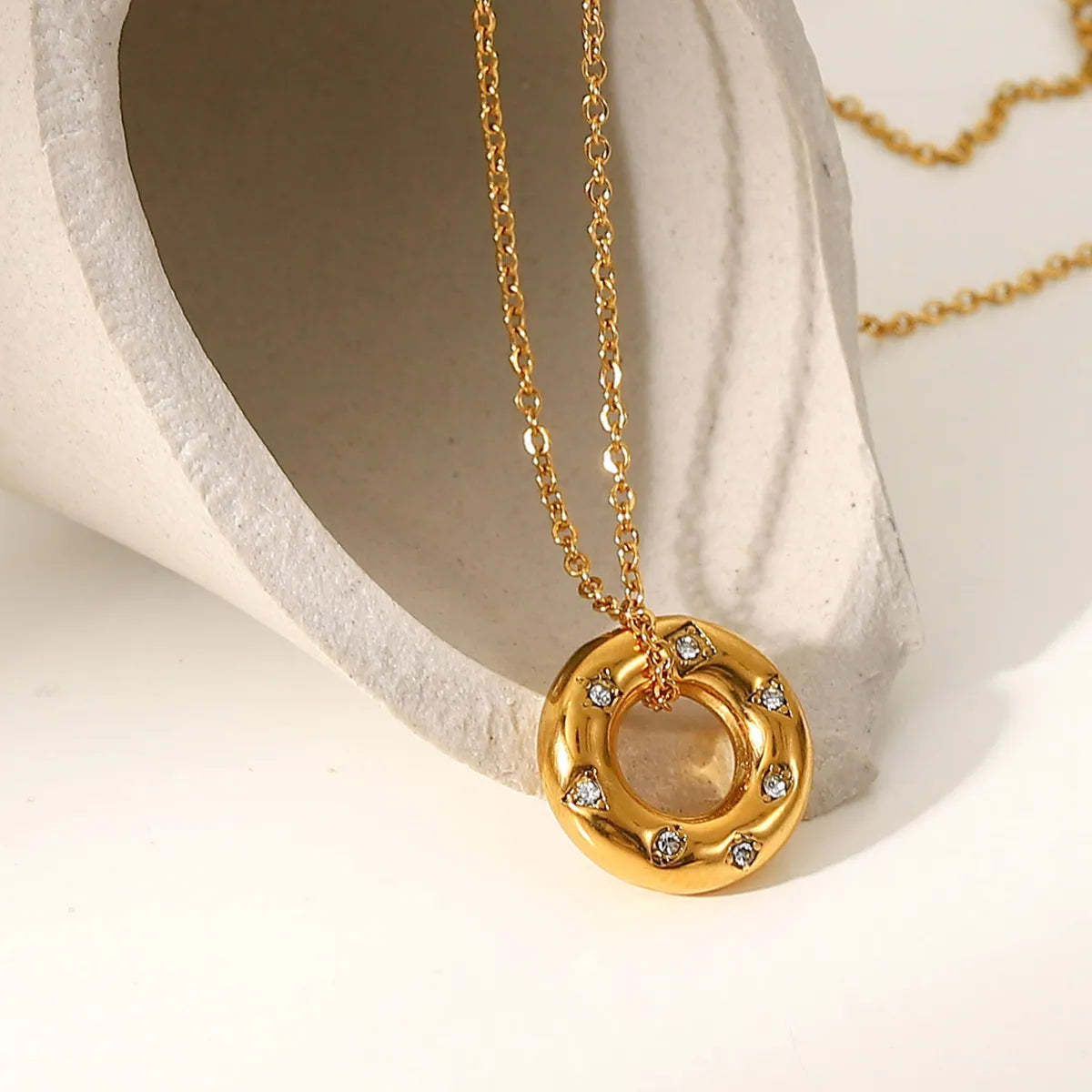 Stainless Steel Necklace Zircon Hollow Ring Pendant Necklace Jewelry