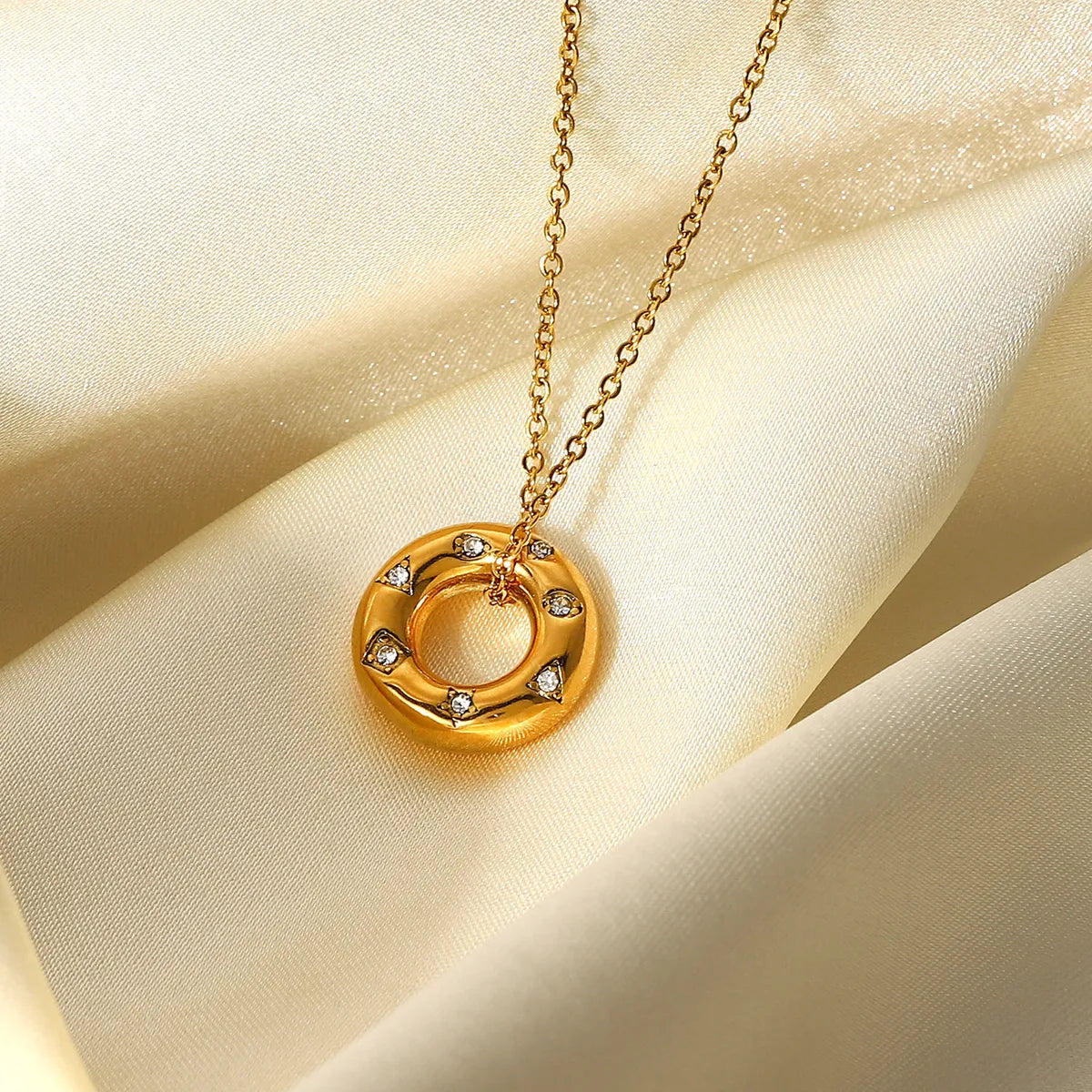 Stainless Steel Necklace Zircon Hollow Ring Pendant Necklace Jewelry