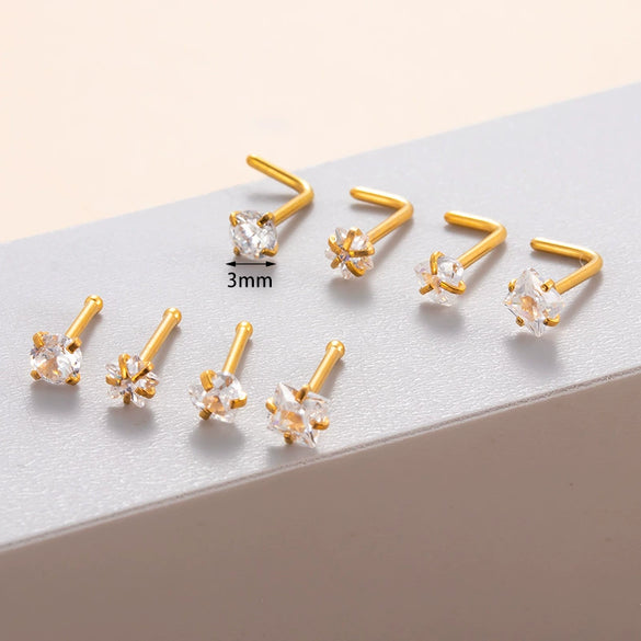 Stainless Steel Nose Nail Love Fivepointed Star Square Round Geometric Inlaid Zircon Puncture Jewelry For Women