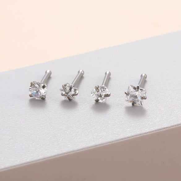 Stainless Steel Nose Nail Love Fivepointed Star Square Round Geometric Inlaid Zircon Puncture Jewelry For Women