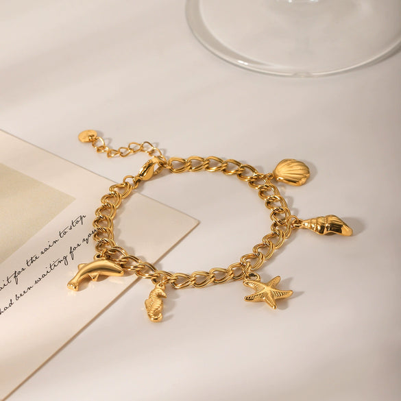 Stainless Steel Ocean Element Animal Geometric Style Electroplated Bracelet With Dolphin Seahorse Starfish Conch Shell Pendant