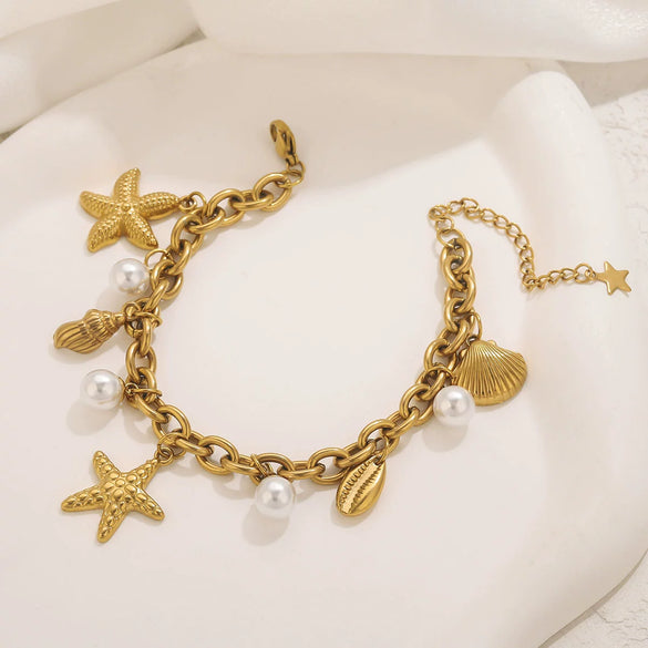 Stainless Steel Ocean Style Bracelet With Starfish Shell Pearl Electroplating