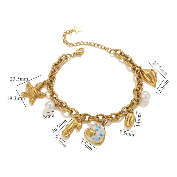 Stainless Steel Ocean Style Bracelet With Starfish Shell Pearl Electroplating