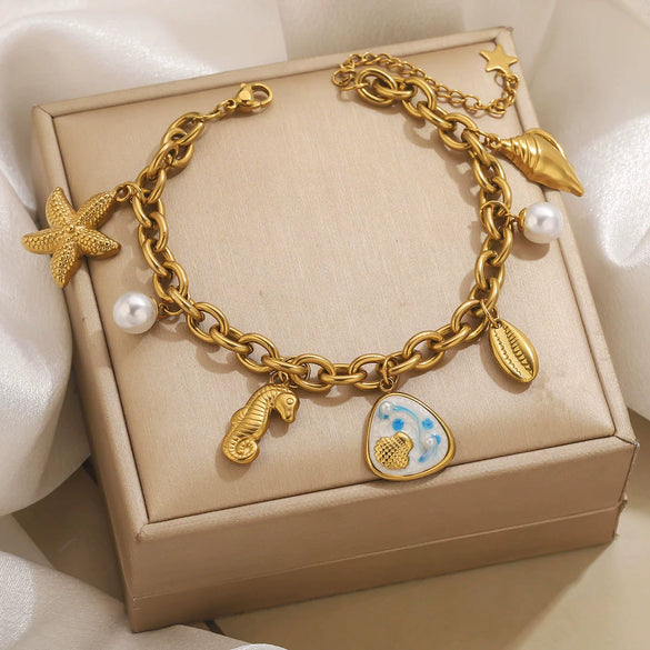 Stainless Steel Ocean Style Bracelet With Starfish Shell Pearl Electroplating
