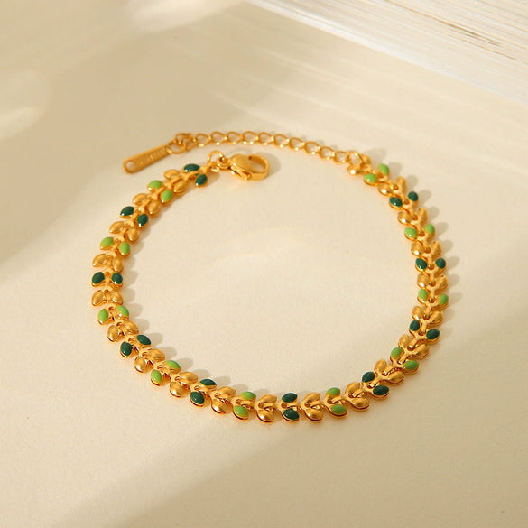 Stainless Steel Oil Dropping Olive Leaf Geometric Flowers Electroplated Bracelet