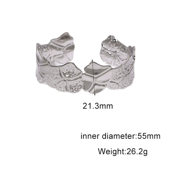 Stainless Steel Open Bangle Bracelet With Geometric Line Pattern And Electroplated Fade Resistant Finish