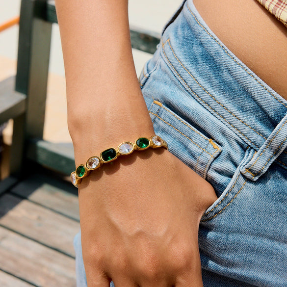 Stainless Steel Open Bracelet Jewelry With Electroplating Luxurious Style White Green Zircon And Geometric Design
