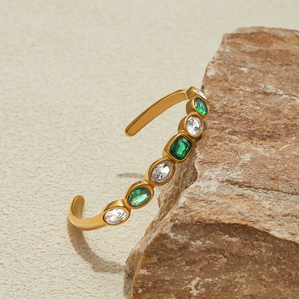 Stainless Steel Open Bracelet Jewelry With Electroplating Luxurious Style White Green Zircon And Geometric Design
