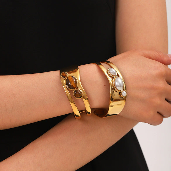 Stainless Steel Open Bracelet Set With Pearls And Tiger Eye Stone Ins Style Minimalist