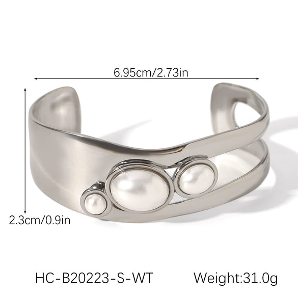 Stainless Steel Open Bracelet Set With Pearls And Tiger Eye Stone Ins Style Minimalist
