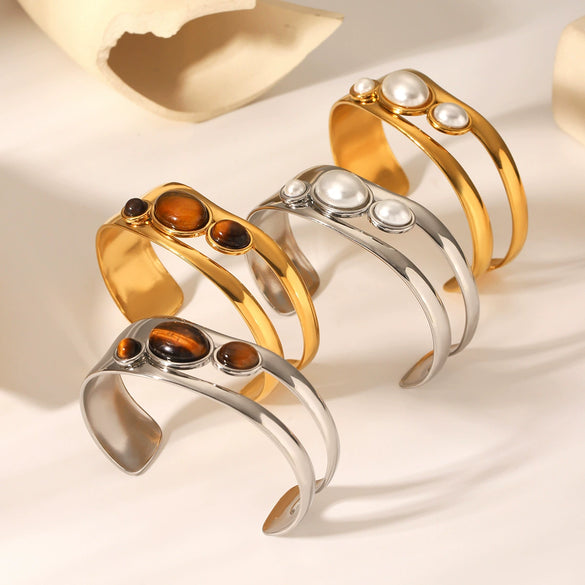 Stainless Steel Open Bracelet Set With Pearls And Tiger Eye Stone Ins Style Minimalist